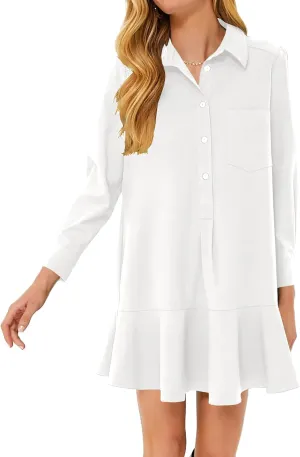Women's Tunic Shirt Mini Dress Long Sleeve Cotton Drop Waist Collar Short Dress Button Up Ruffle Hem Shift Dresses