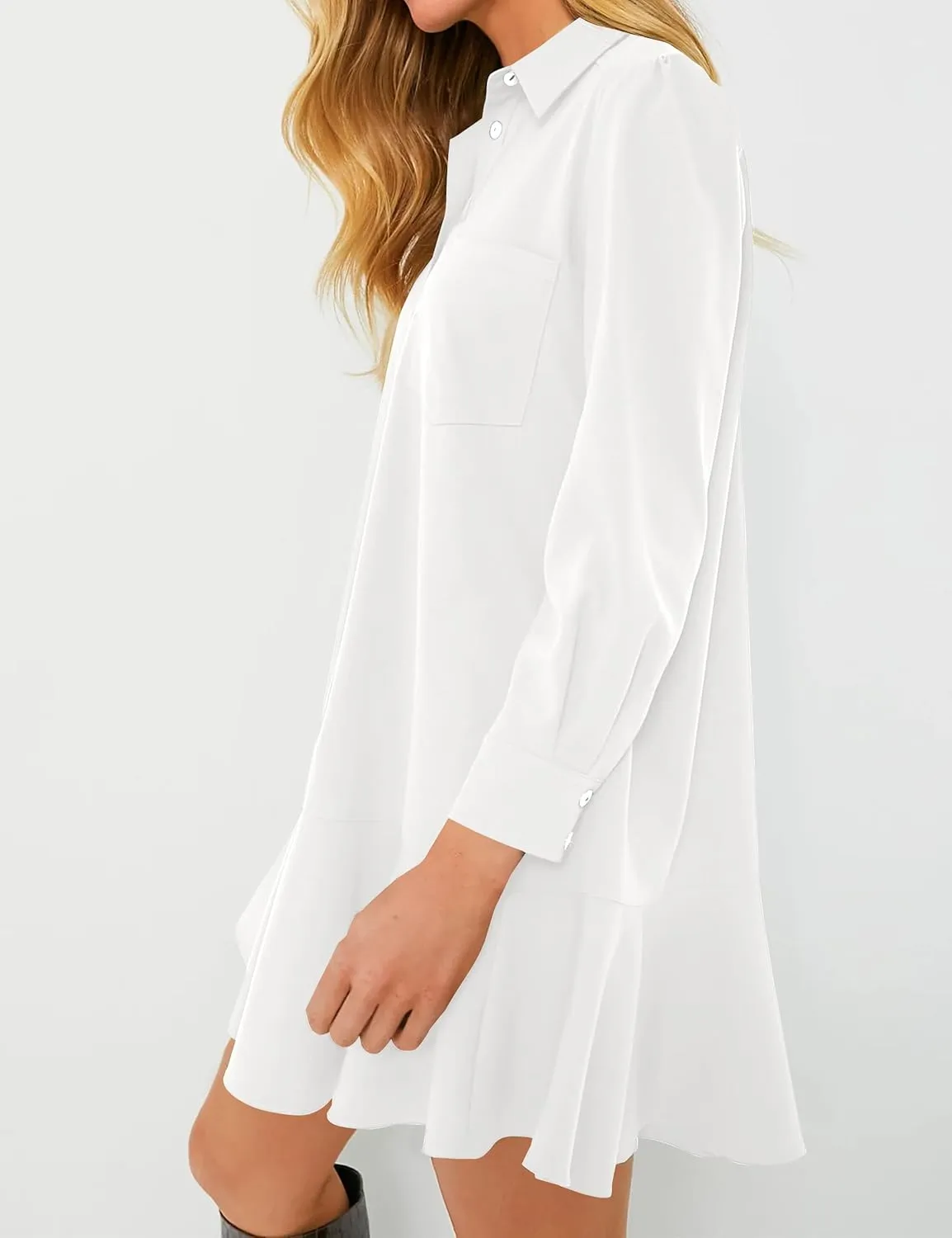Women's Tunic Shirt Mini Dress Long Sleeve Cotton Drop Waist Collar Short Dress Button Up Ruffle Hem Shift Dresses