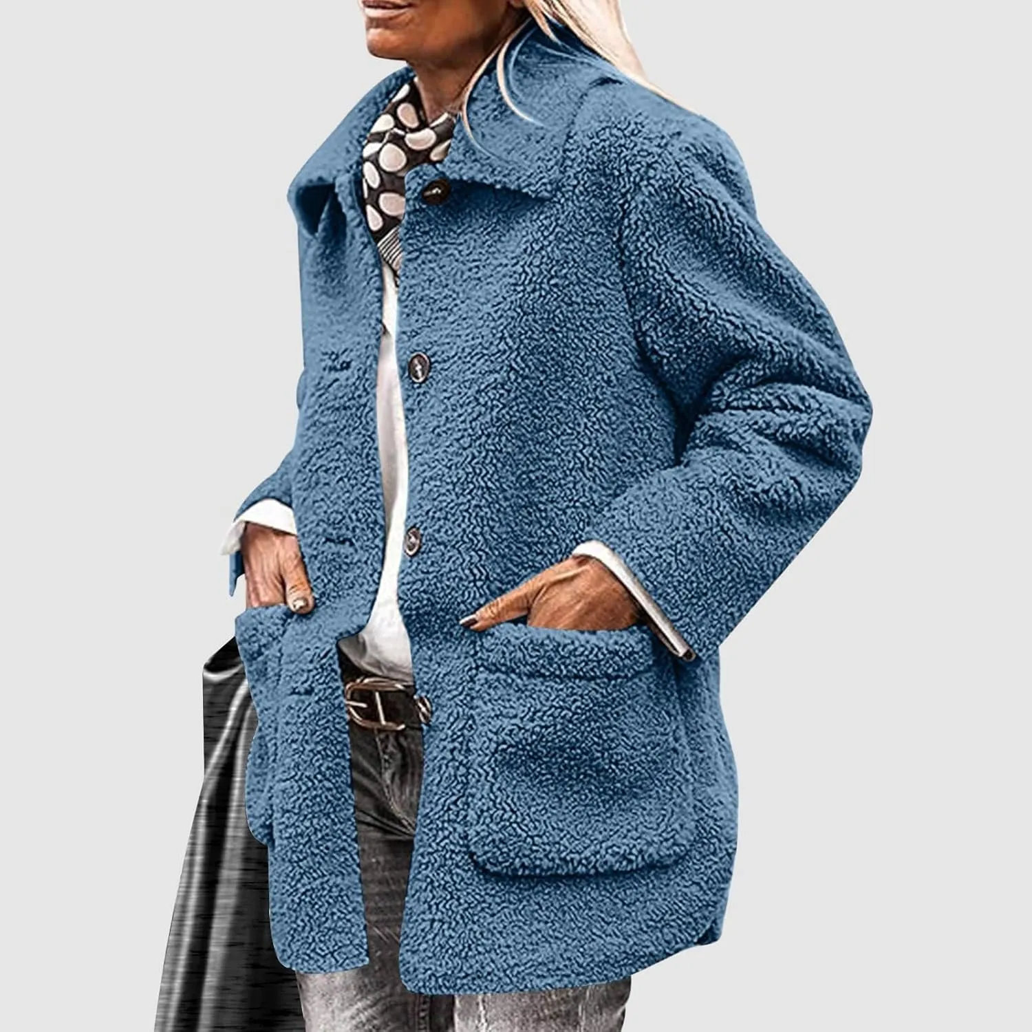 Womens Winter Coats Lapel Button Down Sherpa Jacket Long Sleeve Faux Fur Coats Fleece Jacket Outerwear with Pockets