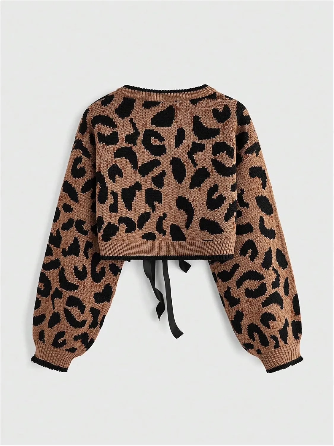 Women's Y2k Leopard Print Sweater Cardigans Bow Tie Front Crop Knit Cardigans Long Sleeve Crew Neck Cheetah Sweater