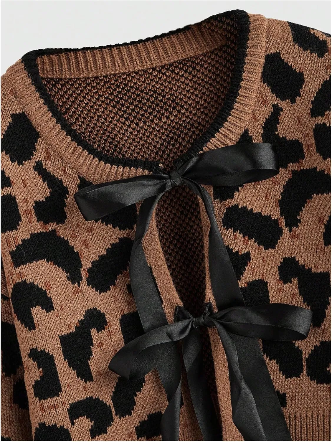 Women's Y2k Leopard Print Sweater Cardigans Bow Tie Front Crop Knit Cardigans Long Sleeve Crew Neck Cheetah Sweater
