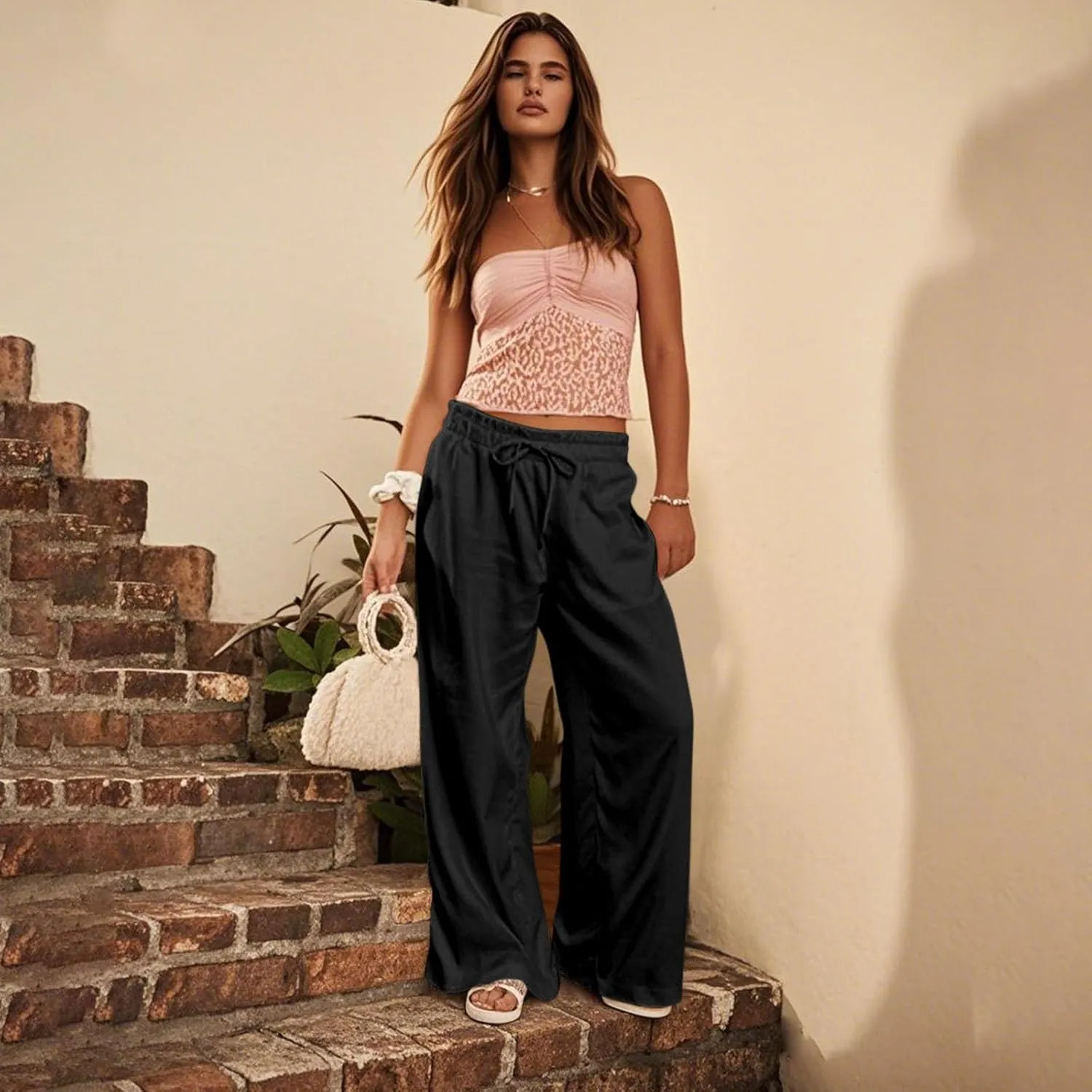 Work Pants Women High Waisted Summer Drawstring Linen Pants Comfy Straight Leg Baggy Beach Trousers with Pockets