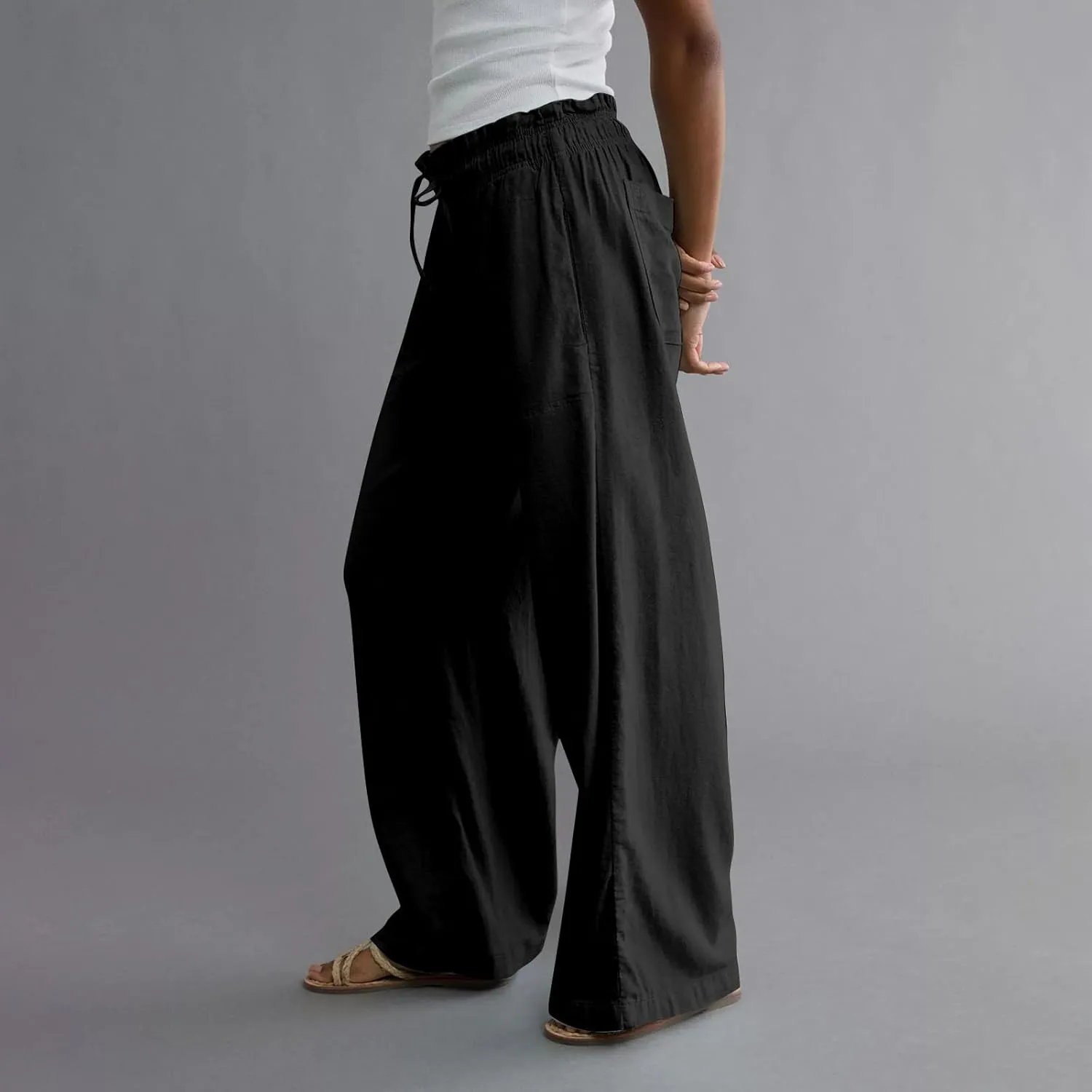 Work Pants Women High Waisted Summer Drawstring Linen Pants Comfy Straight Leg Baggy Beach Trousers with Pockets