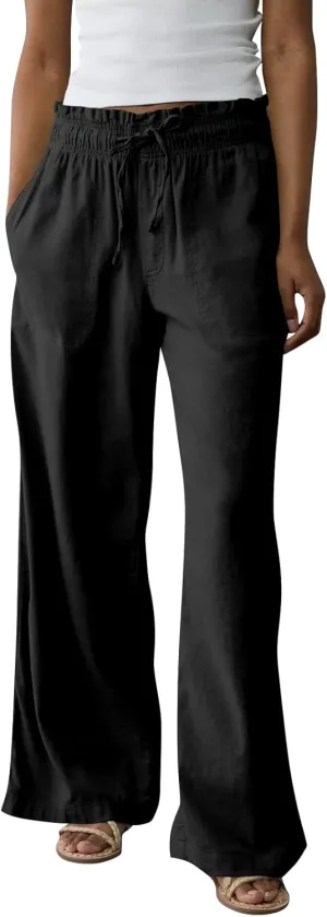 Work Pants Women High Waisted Summer Drawstring Linen Pants Comfy Straight Leg Baggy Beach Trousers with Pockets