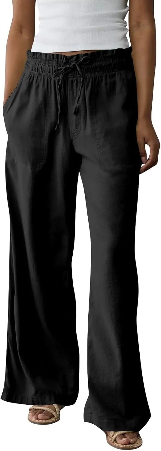 Work Pants Women High Waisted Summer Drawstring Linen Pants Comfy Straight Leg Baggy Beach Trousers with Pockets
