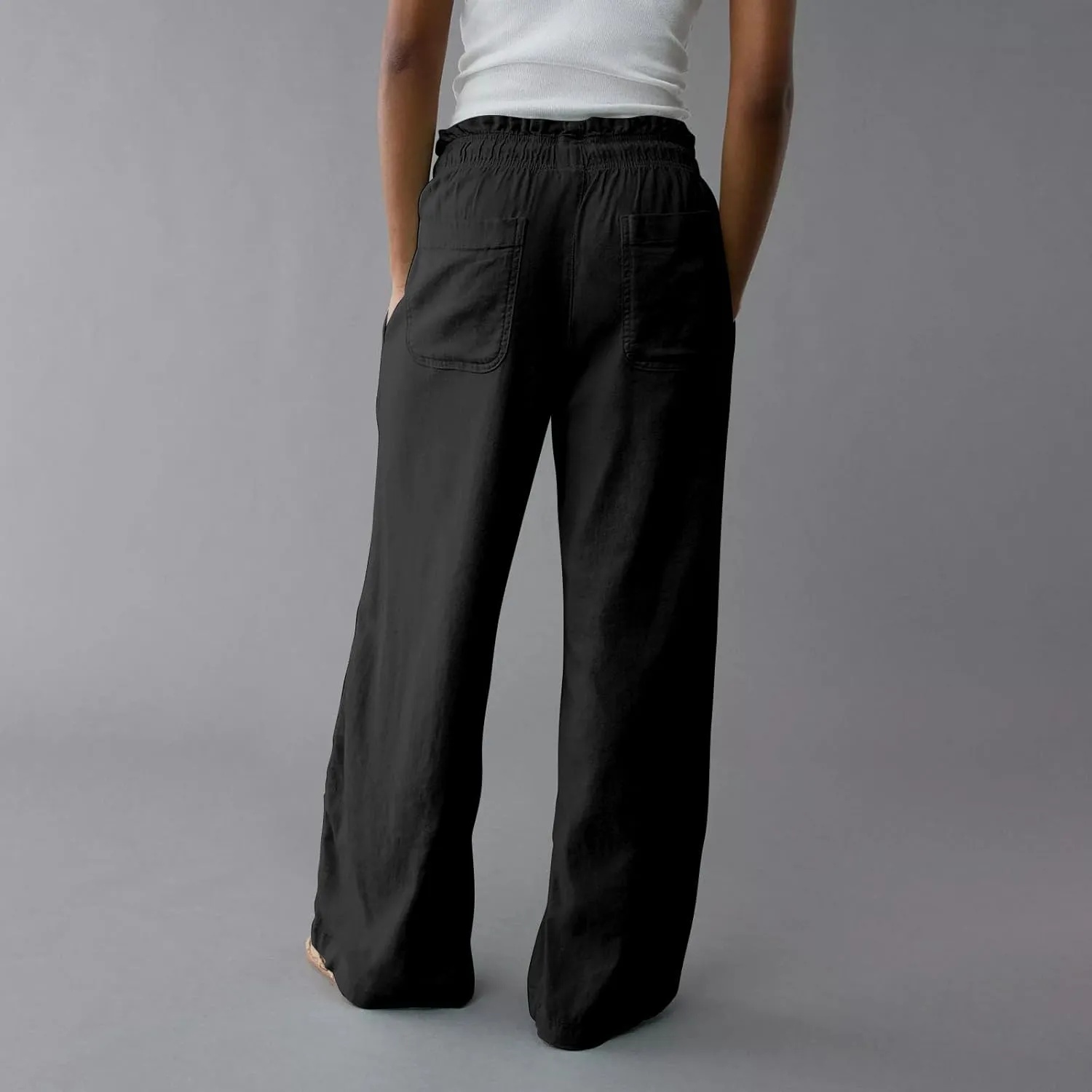 Work Pants Women High Waisted Summer Drawstring Linen Pants Comfy Straight Leg Baggy Beach Trousers with Pockets