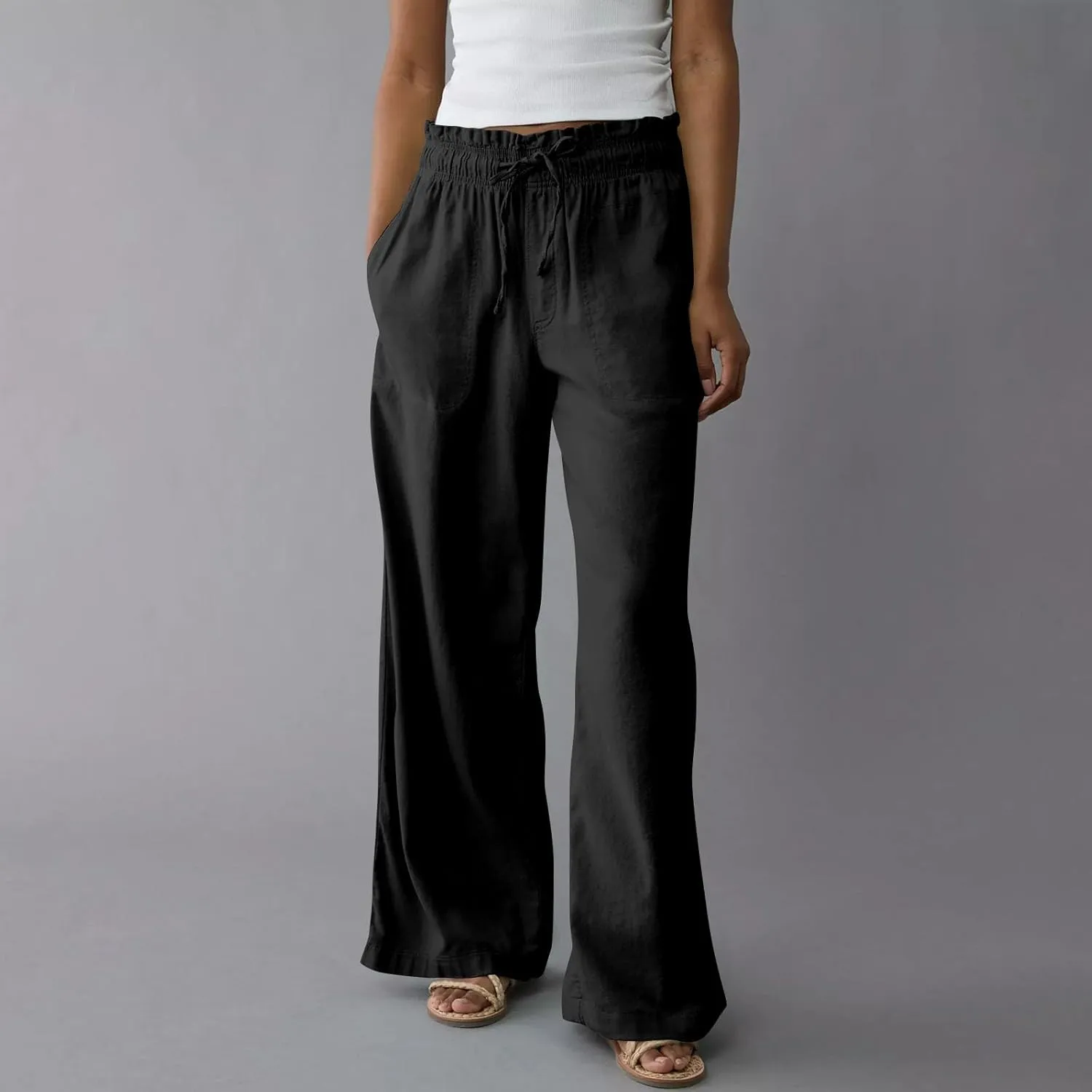 Work Pants Women High Waisted Summer Drawstring Linen Pants Comfy Straight Leg Baggy Beach Trousers with Pockets