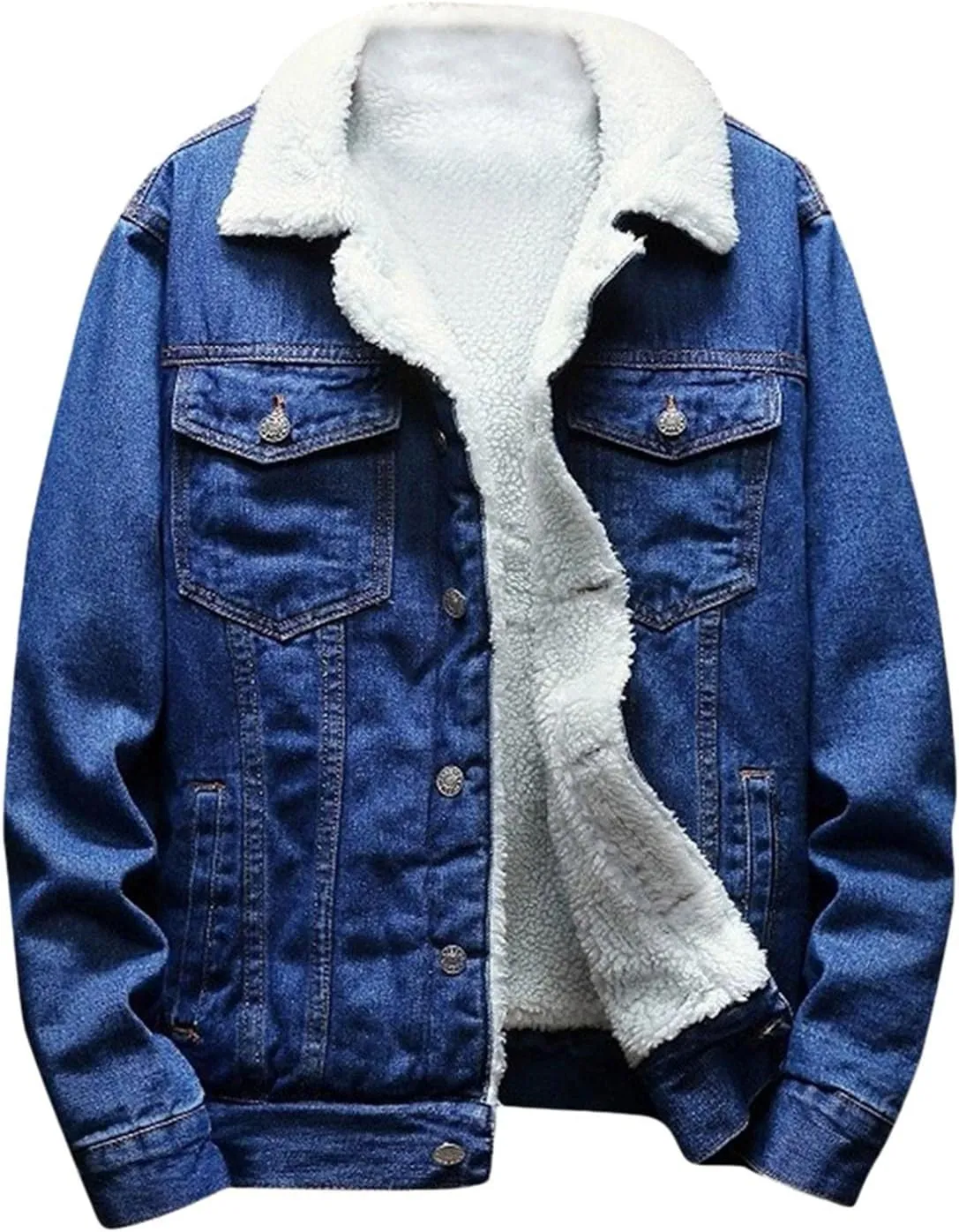 WUAI-Men Fleece Vintage Jean Jackets Sherpa Lined Denim Trucker Jackets Winter Warm Faux Fur Collar Cowboy Coat