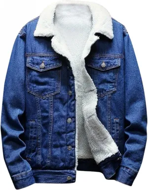 WUAI-Men Fleece Vintage Jean Jackets Sherpa Lined Denim Trucker Jackets Winter Warm Faux Fur Collar Cowboy Coat