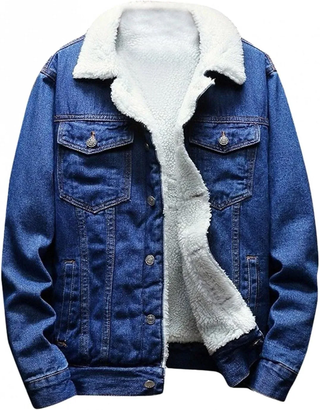 WUAI-Men Fleece Vintage Jean Jackets Sherpa Lined Denim Trucker Jackets Winter Warm Faux Fur Collar Cowboy Coat