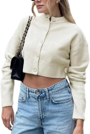 Wyeysyt Womens Knitted Crop Cardigan Button Down Long Sleeve Sweater Top Open Front Cropped Knit Tops