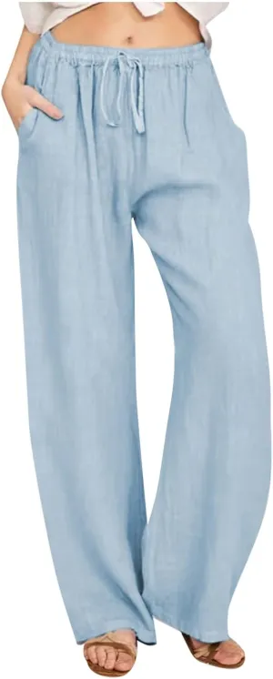 Xiaojmake Womens Linen Palazzo Pants Summer Loose Wide Leg Pants Drawstring Tie Elastic High Waist Trousers with Side Pockets