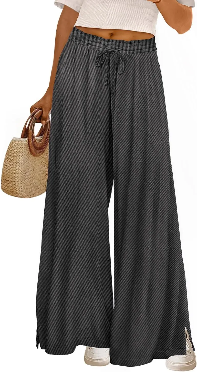 YESNO Women's Wide Leg Woolen Pants Fall Elastic High Waist Casual Palazzo Trousers with Pockets and Side Split PW0