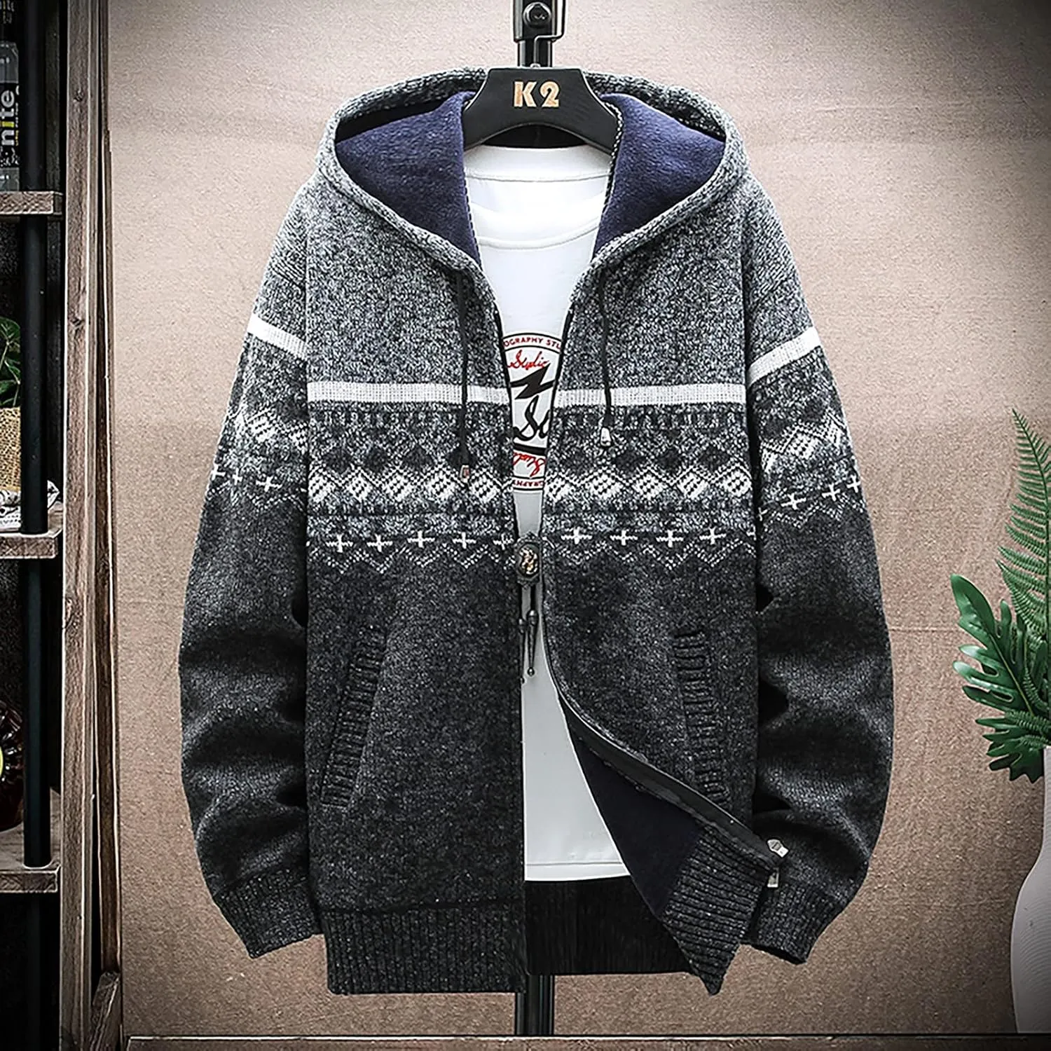 Ymosrh Mens Coats and Jackets Fashion Casual Sweater Jacket Warm Knit Sweater Hooded Hoodie Coats Jackets Plus Size