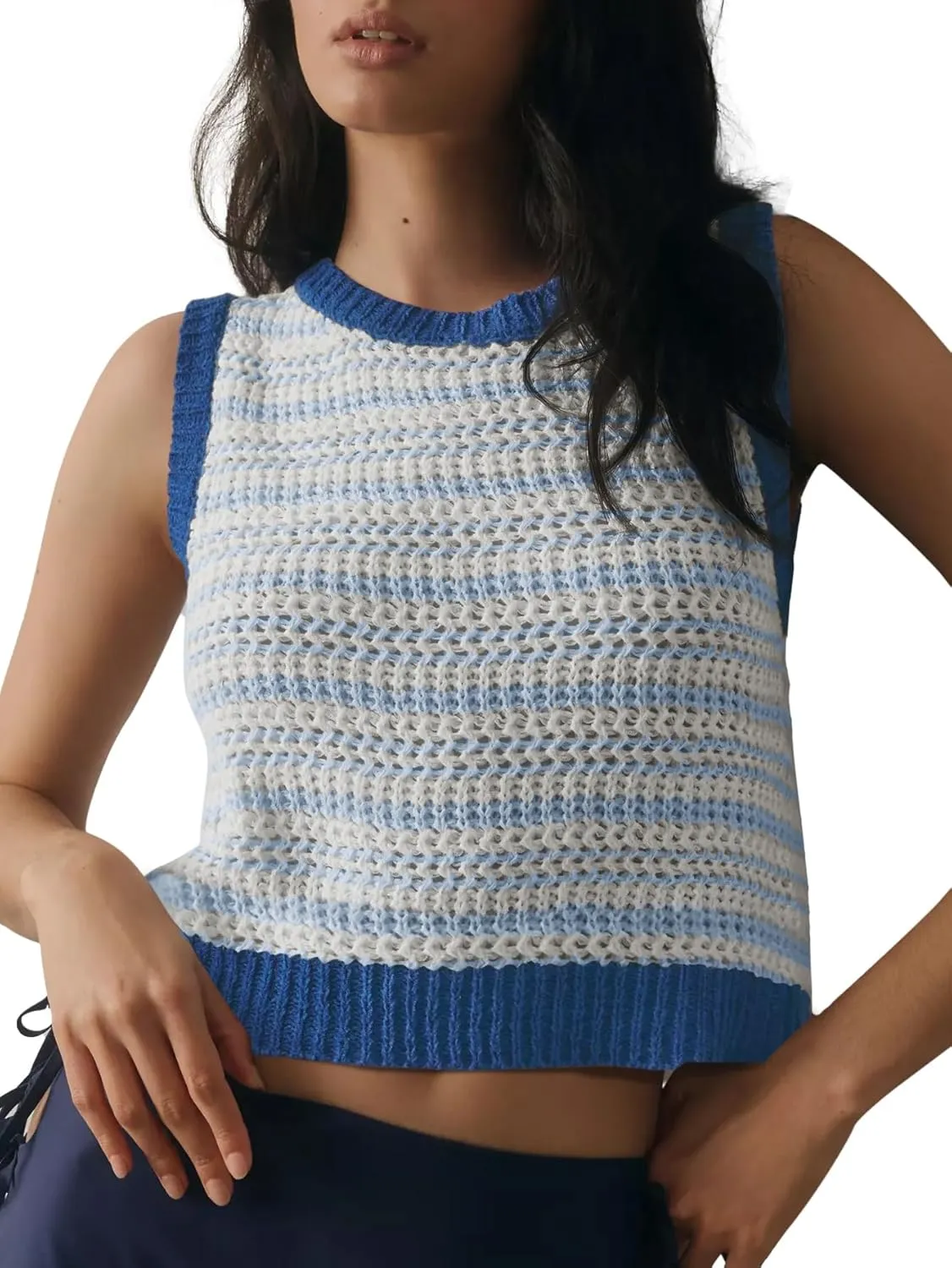 Yousify Womens Crochet Chunky Knit Tops Striped Sweater Vest Sleeveless Sweater Cardigan Bow Tie Open Front Tank Tops