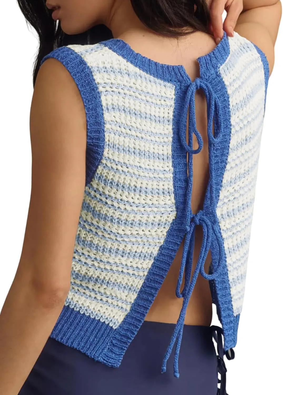 Yousify Womens Crochet Chunky Knit Tops Striped Sweater Vest Sleeveless Sweater Cardigan Bow Tie Open Front Tank Tops
