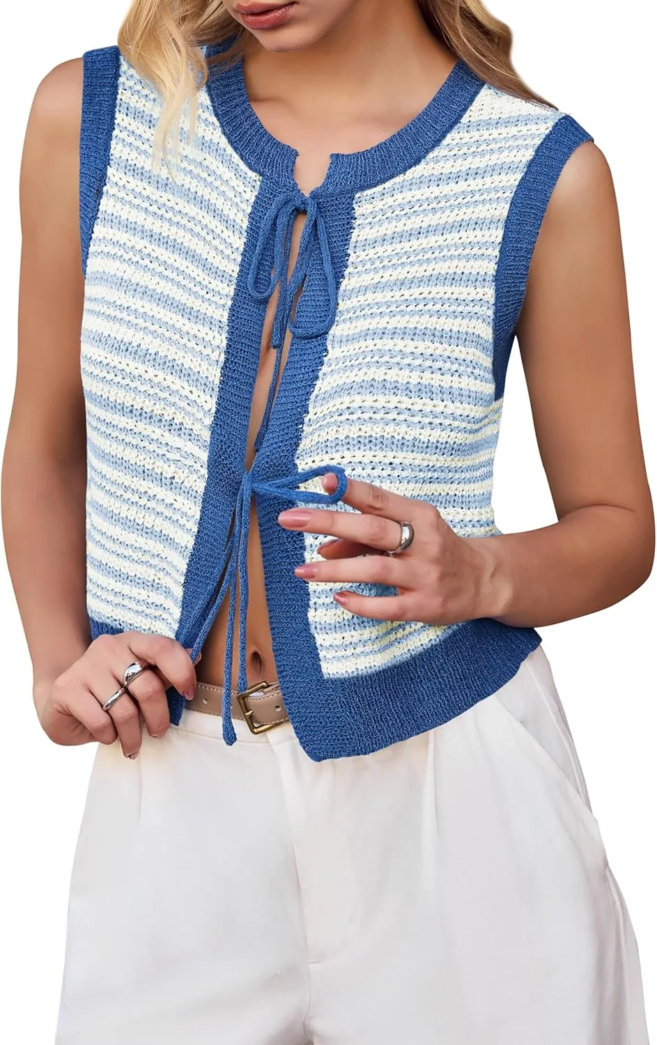 Yousify Womens Crochet Chunky Knit Tops Striped Sweater Vest Sleeveless Sweater Cardigan Bow Tie Open Front Tank Tops