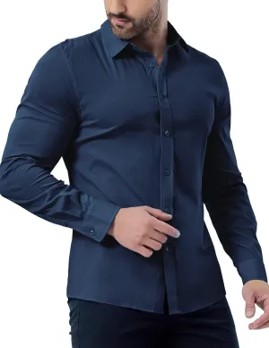 ZAFUL Men's Cotton Dress Shirt Slim Fit Casual Long Sleeve Fitted Wrinkle Plus Size Shirts Navy Blue XXXL