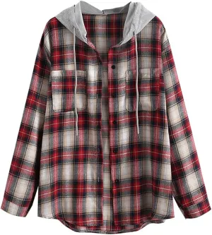 ZAFUL Women's Plaid Long Sleeve Shirt Button Down Thin Jacket Casual Flannel Plaid Shacket with Pocket