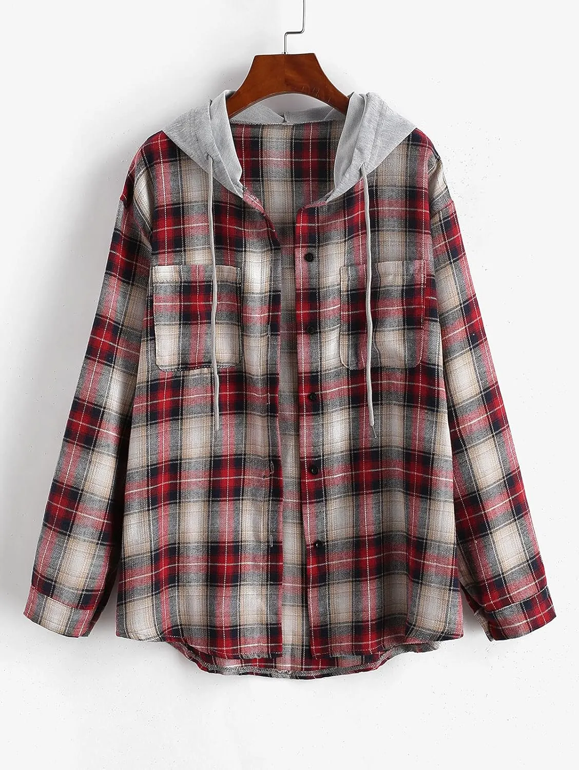ZAFUL Women's Plaid Long Sleeve Shirt Button Down Thin Jacket Casual Flannel Plaid Shacket with Pocket