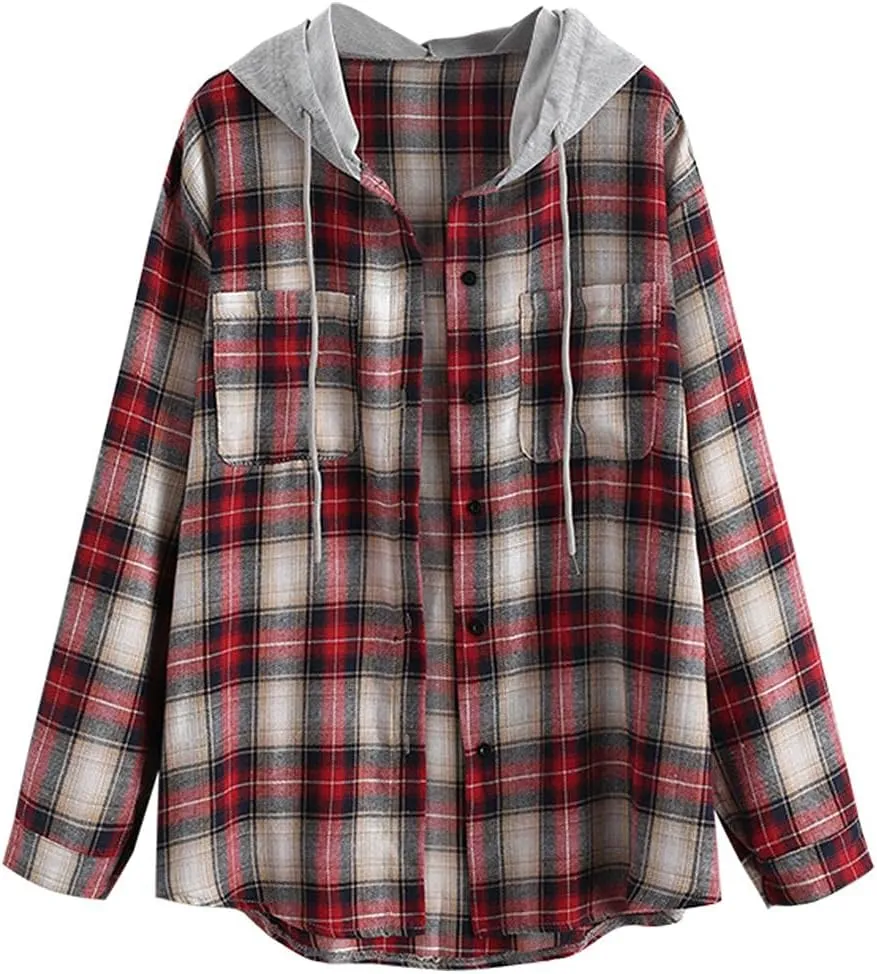 ZAFUL Women's Plaid Long Sleeve Shirt Button Down Thin Jacket Casual Flannel Plaid Shacket with Pocket