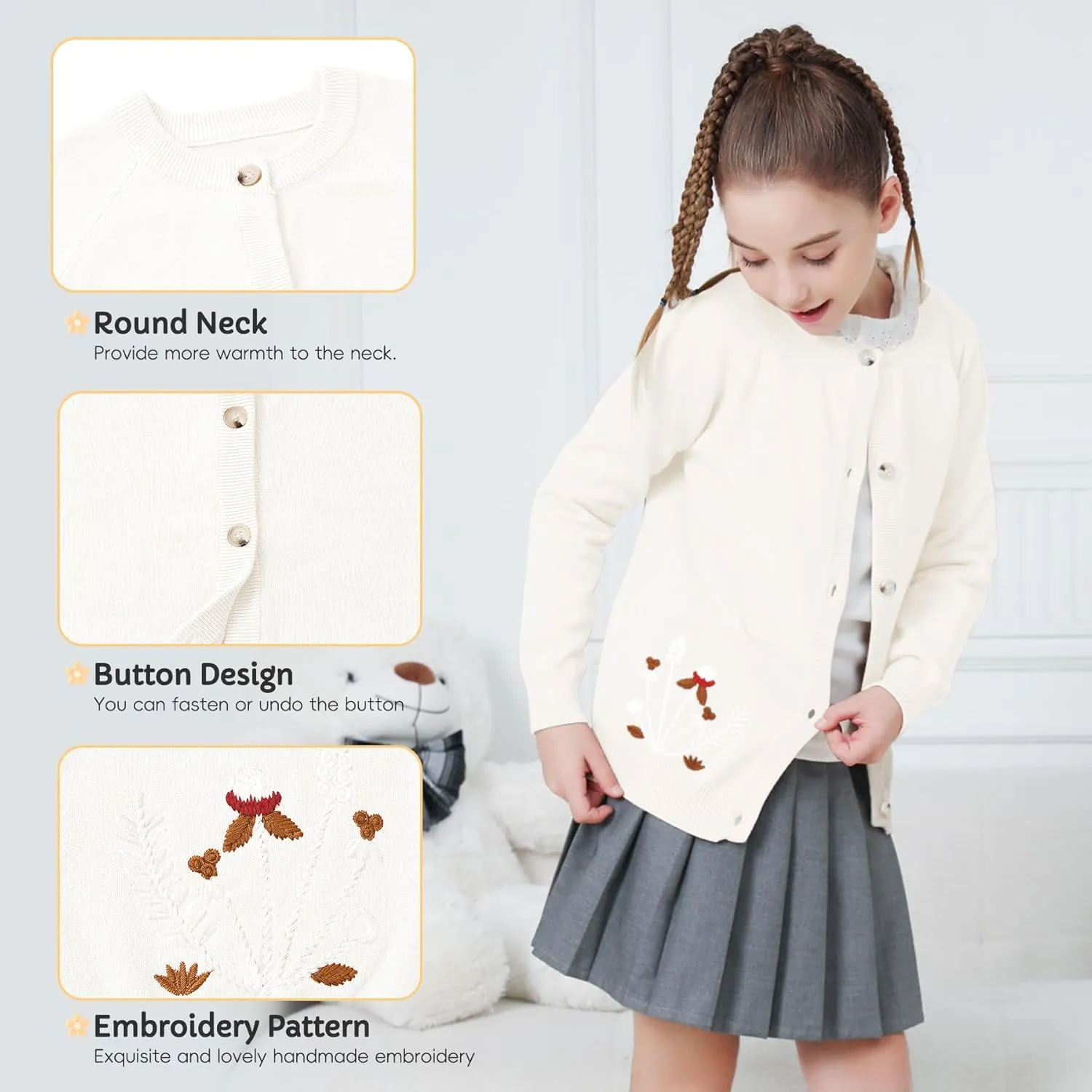 Zando Girls Cardigan Sweater Cotton Girls Long Sleeve Sweater Crewneck Button Up Knit Sweaters for Girls 4-12 Years