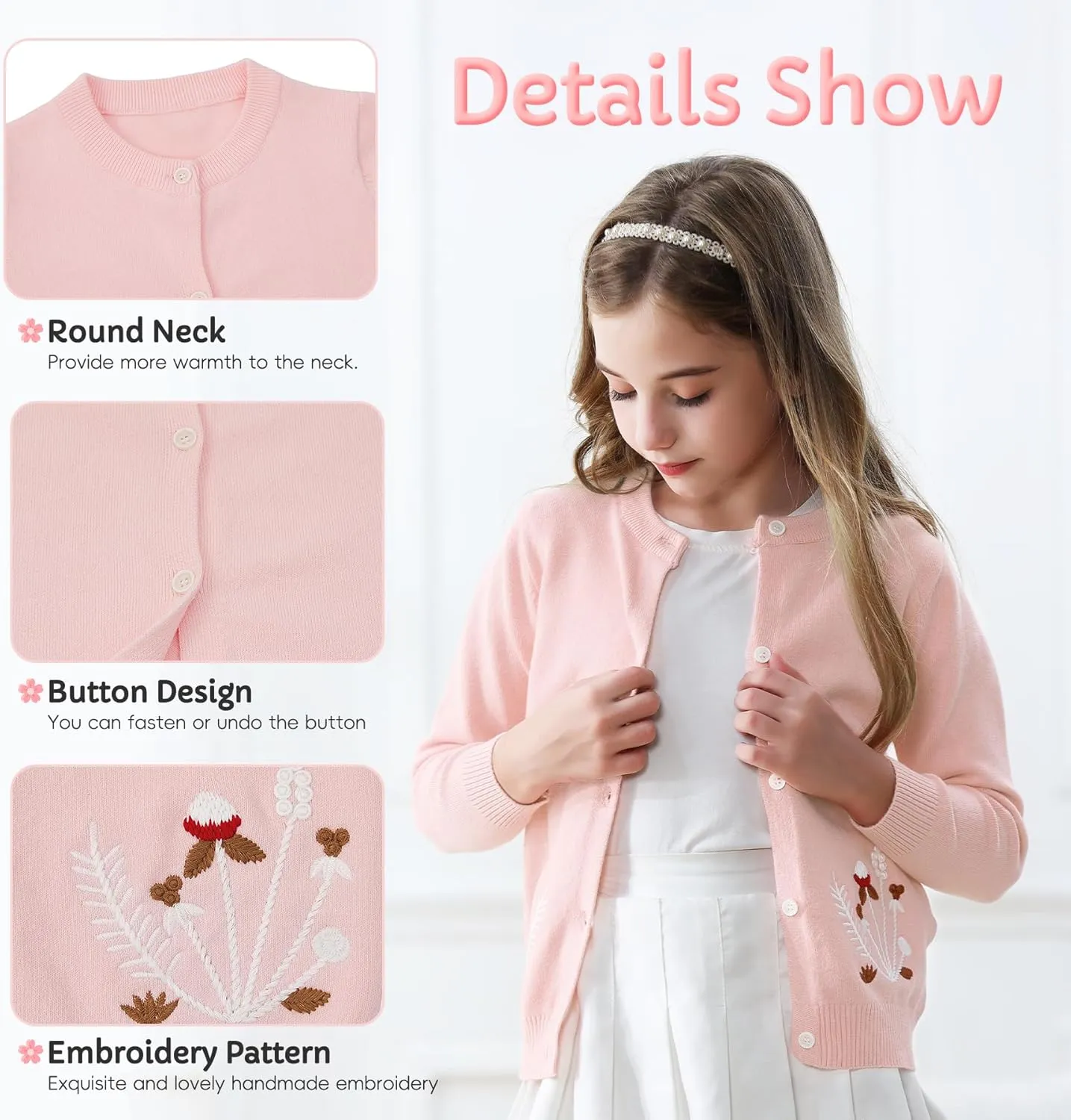 Zando Girls Cardigan Sweater Cotton Girls Long Sleeve Sweater Crewneck Button Up Knit Sweaters for Girls 4-12 Years