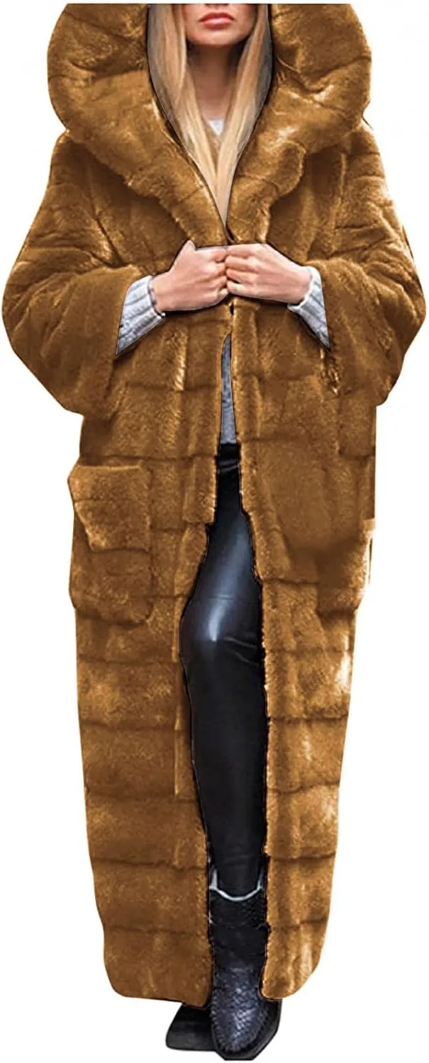 ZDRZK Womens Winter Coats With Plus Size Long Sleeve Faux Fur Open Front Hooded Cardigans 2023 Fashion Winter Outerwear