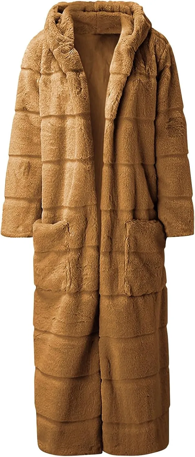ZDRZK Womens Winter Coats With Plus Size Long Sleeve Faux Fur Open Front Hooded Cardigans 2023 Fashion Winter Outerwear