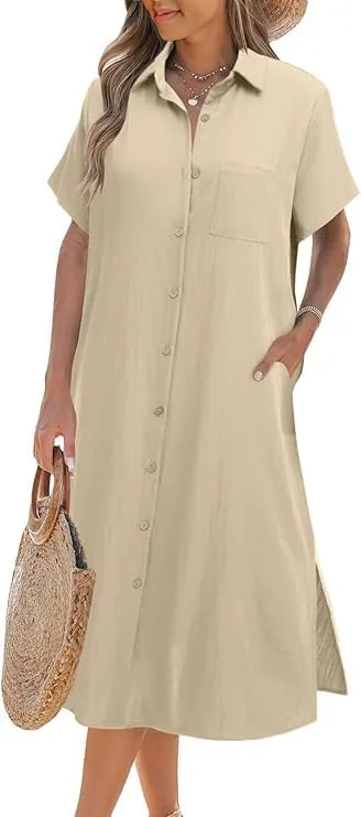 Zeagoo Womens Shirt Dress Summer Button Down Dress Swing Side Slit Midi Dresses with Pockets