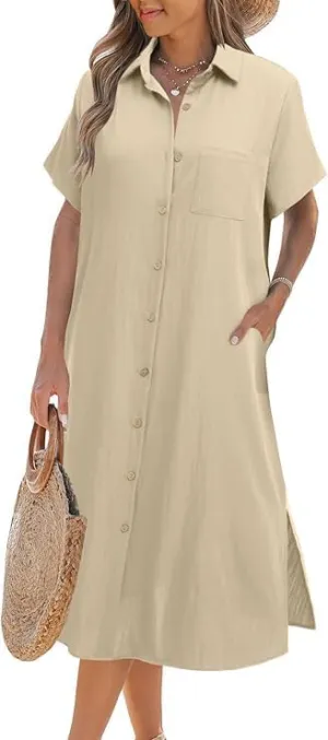Zeagoo Womens Shirt Dress Summer Button Down Dress Swing Side Slit Midi Dresses with Pockets
