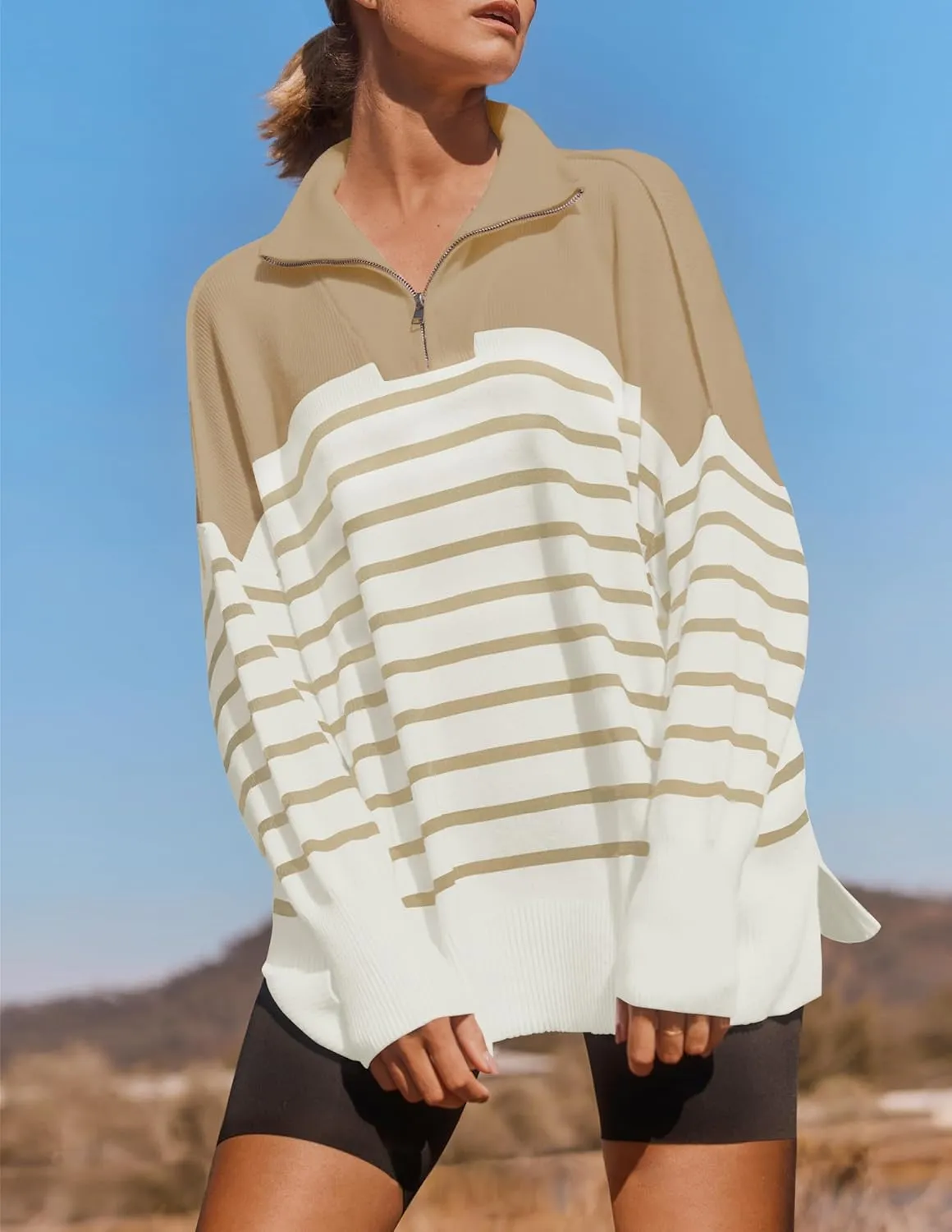 ZESICA Women's Striped Sweaters Half Zipper Long Sleeve Ribbed Knit Loose Oversized Pullover Sweater Tops