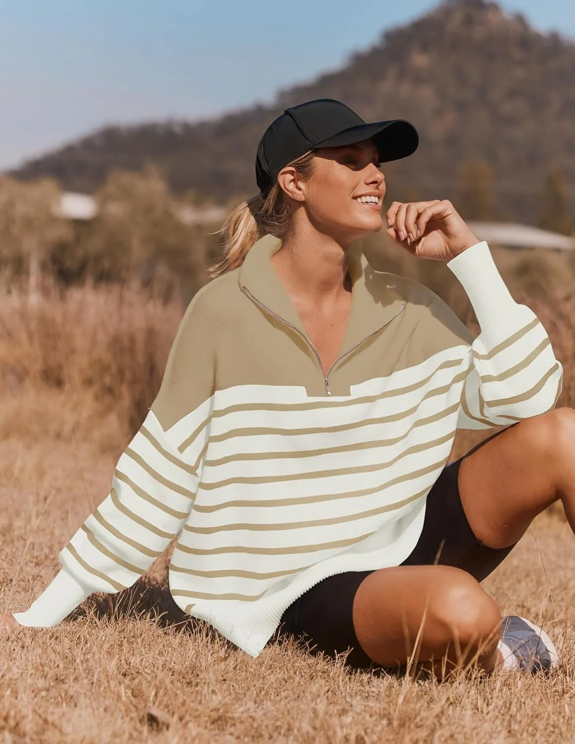 ZESICA Women's Striped Sweaters Half Zipper Long Sleeve Ribbed Knit Loose Oversized Pullover Sweater Tops