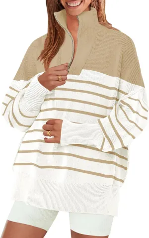 ZESICA Women's Striped Sweaters Half Zipper Long Sleeve Ribbed Knit Loose Oversized Pullover Sweater Tops