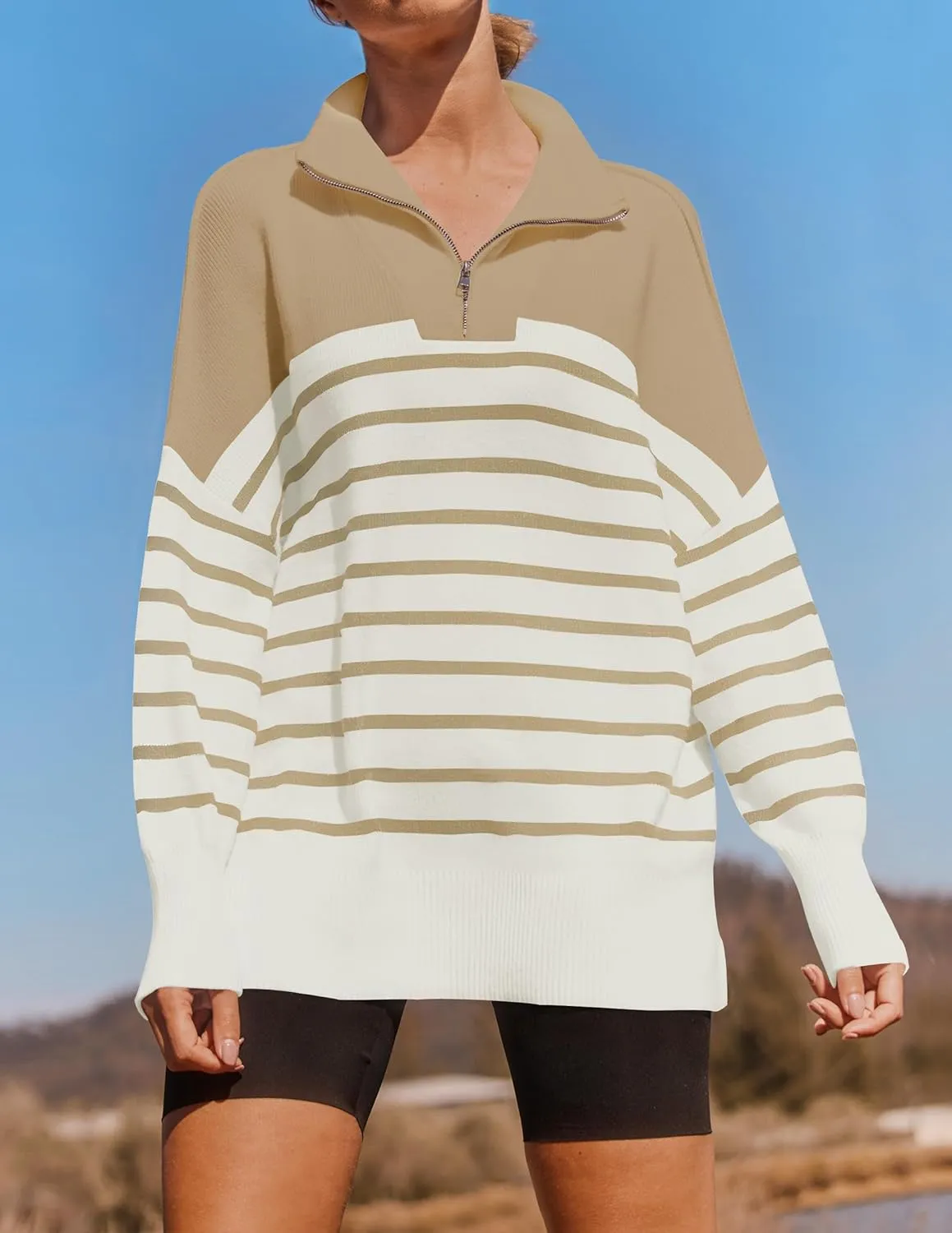 ZESICA Women's Striped Sweaters Half Zipper Long Sleeve Ribbed Knit Loose Oversized Pullover Sweater Tops