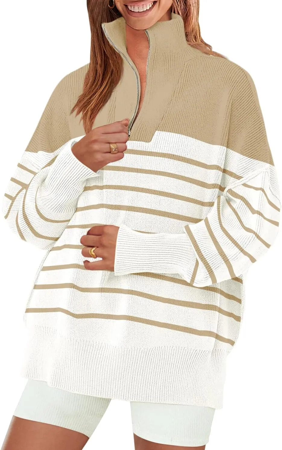ZESICA Women's Striped Sweaters Half Zipper Long Sleeve Ribbed Knit Loose Oversized Pullover Sweater Tops